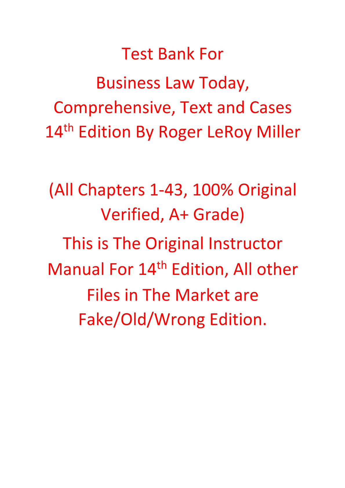 Test Bank For Business Law Today Comprehensive Text and Cases 14th Edition By Roger LeRoy Miller