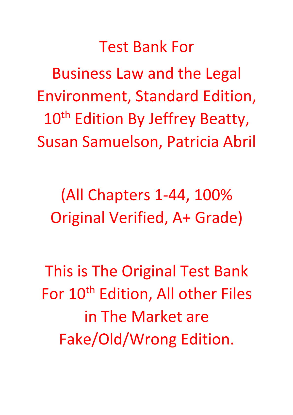 Test Bank For Business Law and the Legal Environment Standard Edition 10th Edition By Jeffrey Beatty, Susan Samuelson, Patricia Abril