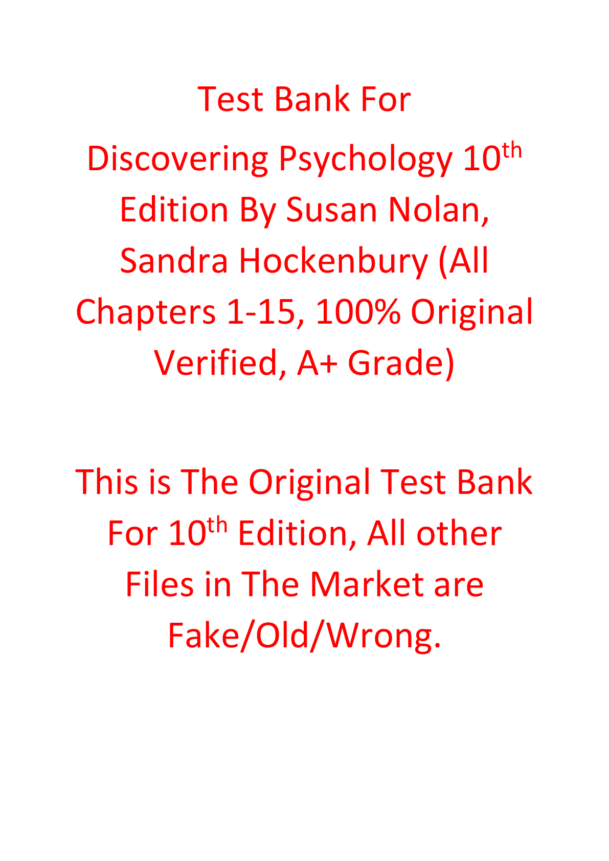 Test Bank For Discovering Psychology 10th Edition By Susan Nolan, Sandra Hockenbury