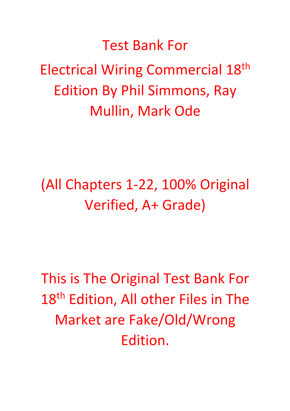 Test Bank For Electrical Wiring Commercial 18th Edition By Phil Simmons, Ray Mullin, Mark Ode