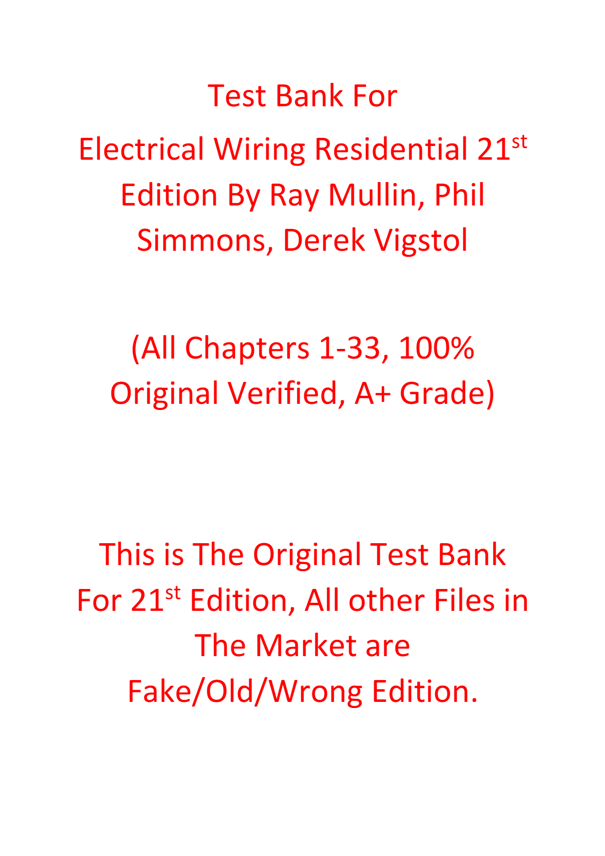 Test Bank For Electrical Wiring Residential 21th Edition By Ray Mullin, Phil Simmons, Derek Vigstol