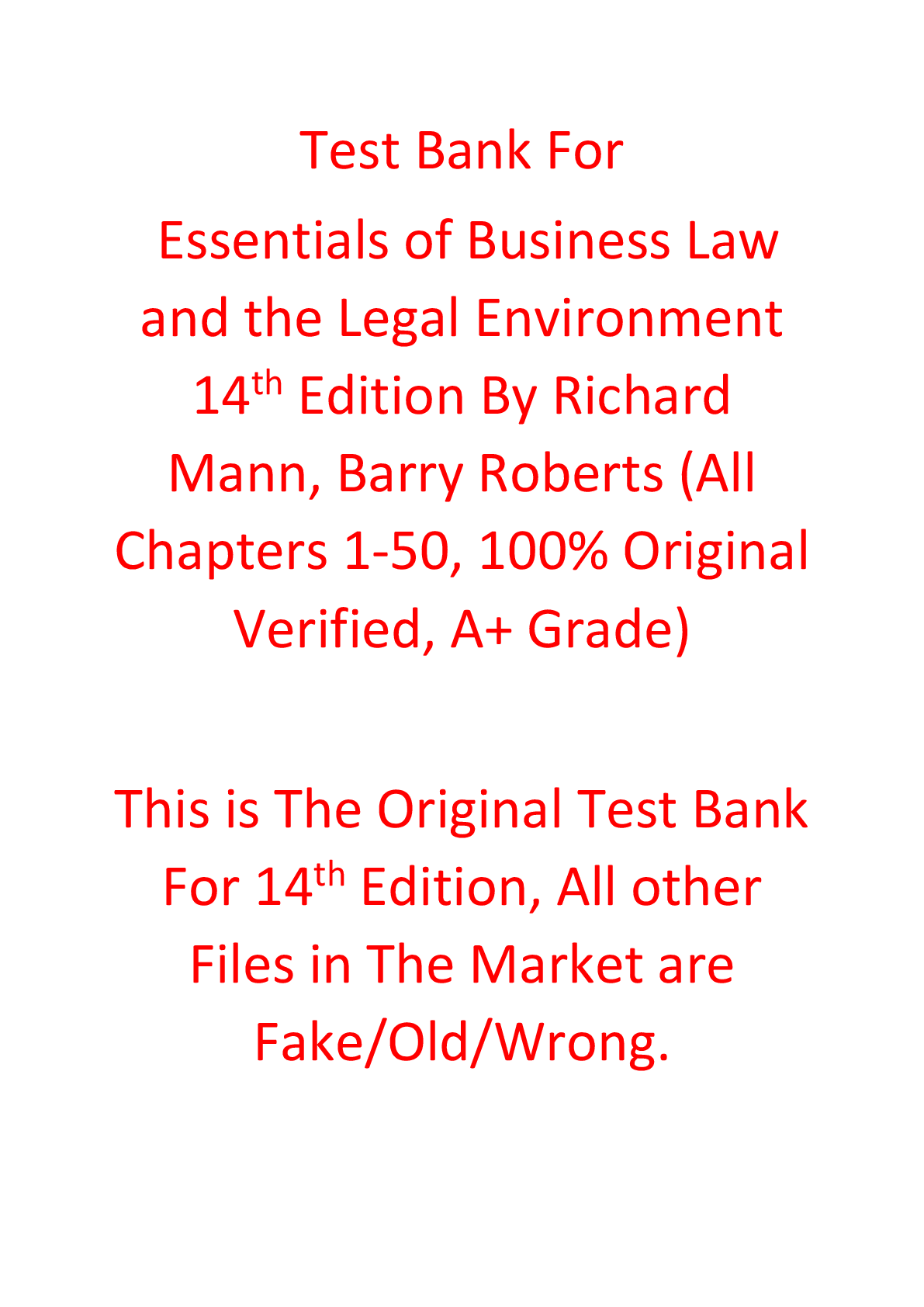 Test Bank For Essentials of Business Law and the Legal Environment 14th Edition By Richard Mann, Barry Roberts
