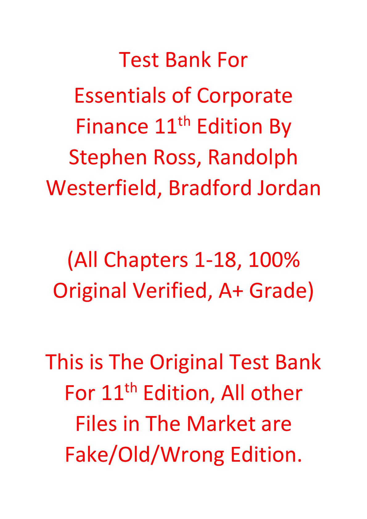 Test Bank For Essentials of Corporate Finance 11th Edition By Stephen Ross, Randolph Westerfield, Bradford Jordan