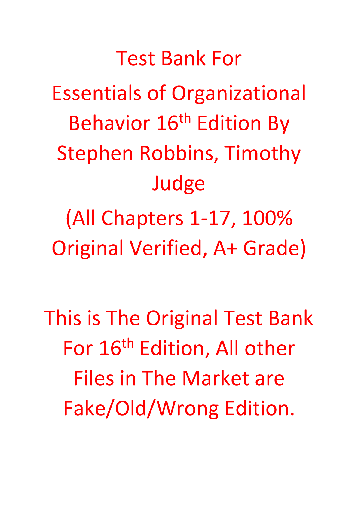 Test Bank For Essentials of Organizational Behavior 16th Edition By Stephen Robbins, Timothy Judge