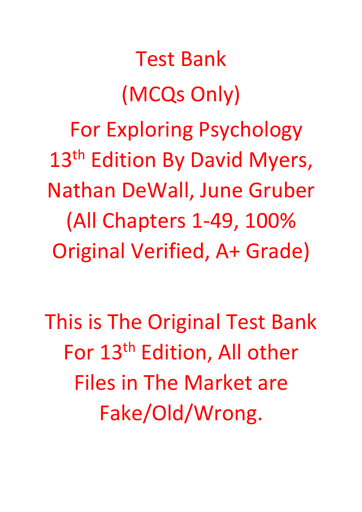 Test Bank For Exploring Psychology 13th Edition By David Myers, Nathan DeWall, June Gruber
