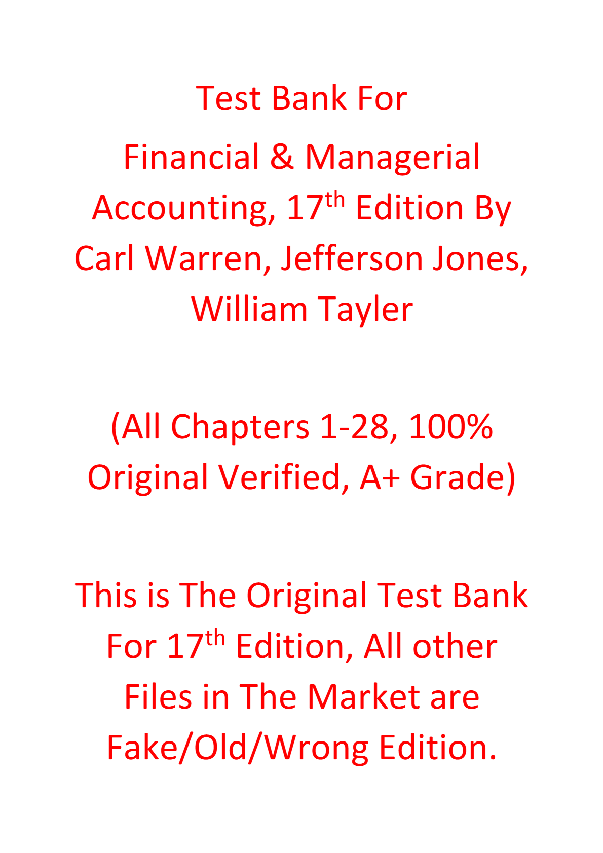 Test Bank For Financial & Managerial Accounting 17th Edition By Carl Warren, Jefferson Jones, William Tayler