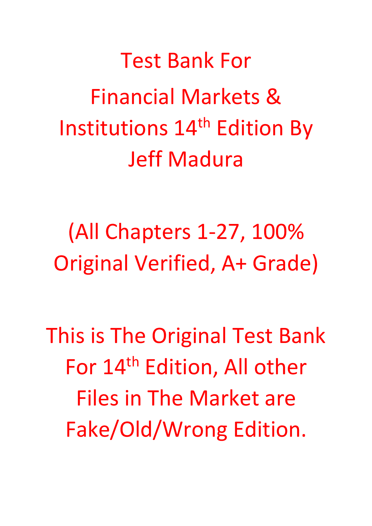 Test Bank For Financial Markets & Institutions 14th Edition By Jeff Madura