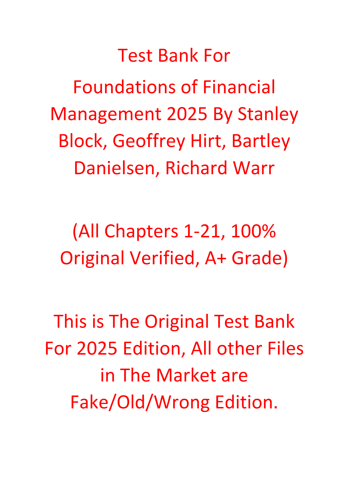 Test Bank For Foundations of Financial Management 2025 By Stanley Block, Geoffrey Hirt, Bartley Danielsen, Richard Warr