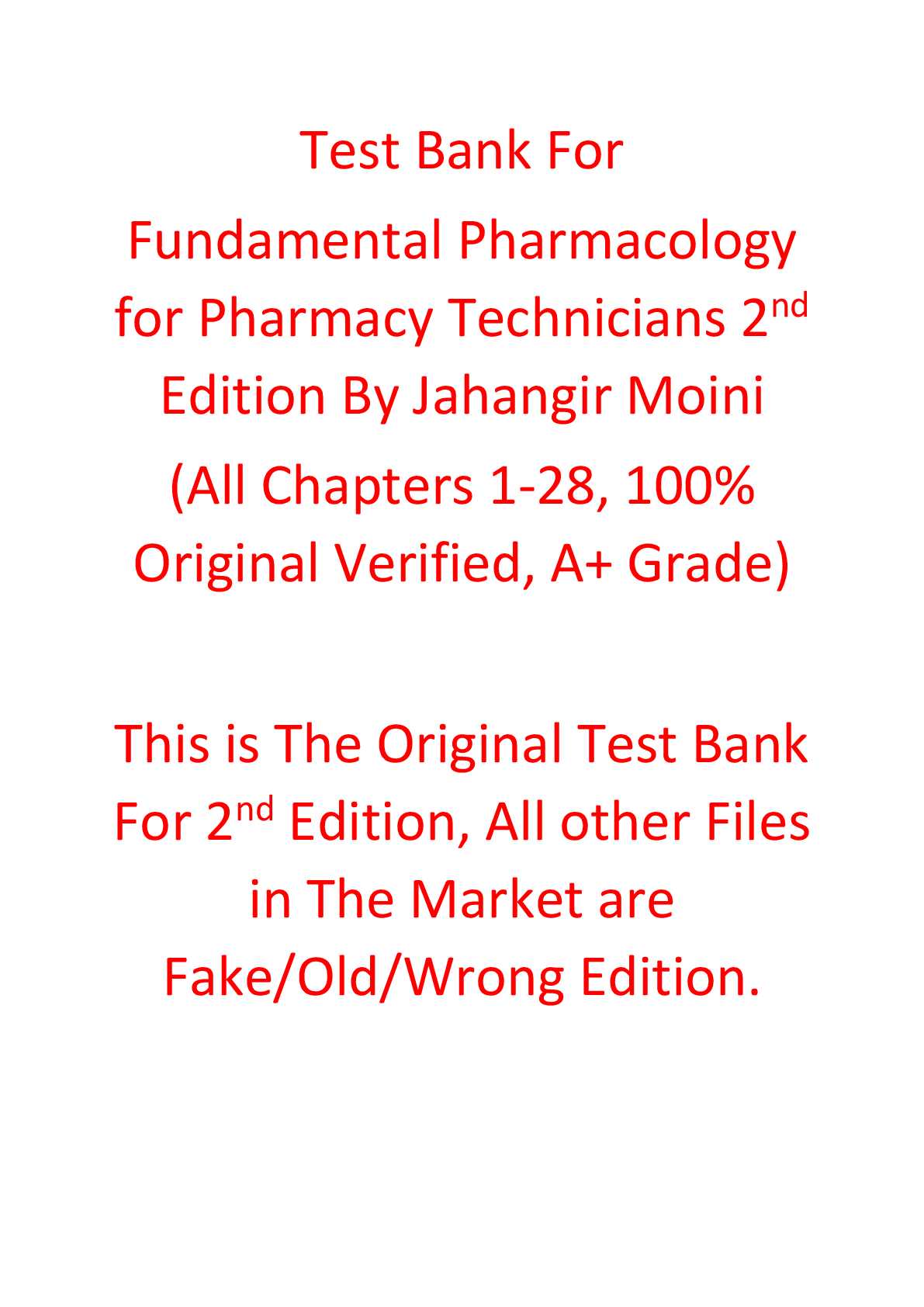 Test Bank For Fundamental Pharmacology for Pharmacy Technicians 2nd Edition By Jahangir Moini