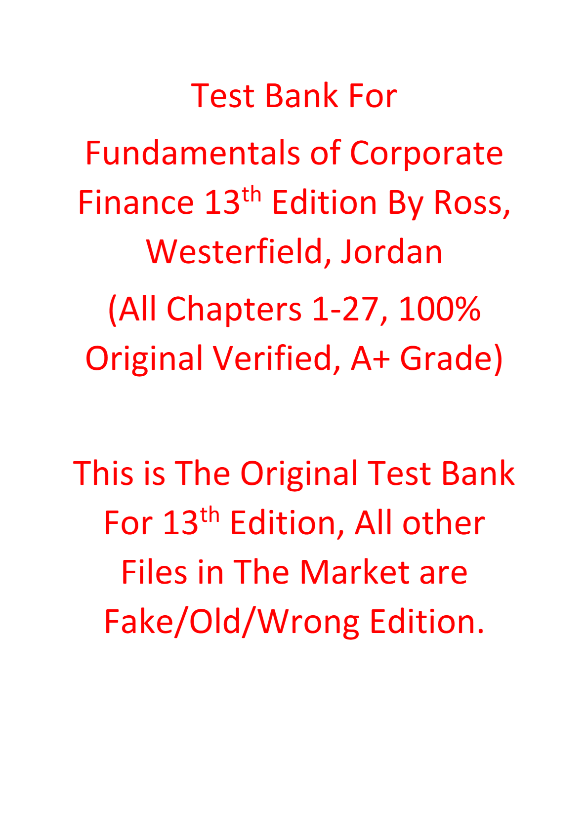 Test Bank For Fundamentals of Corporate Finance 13th Edition By Ross, Westerfield, Jordan