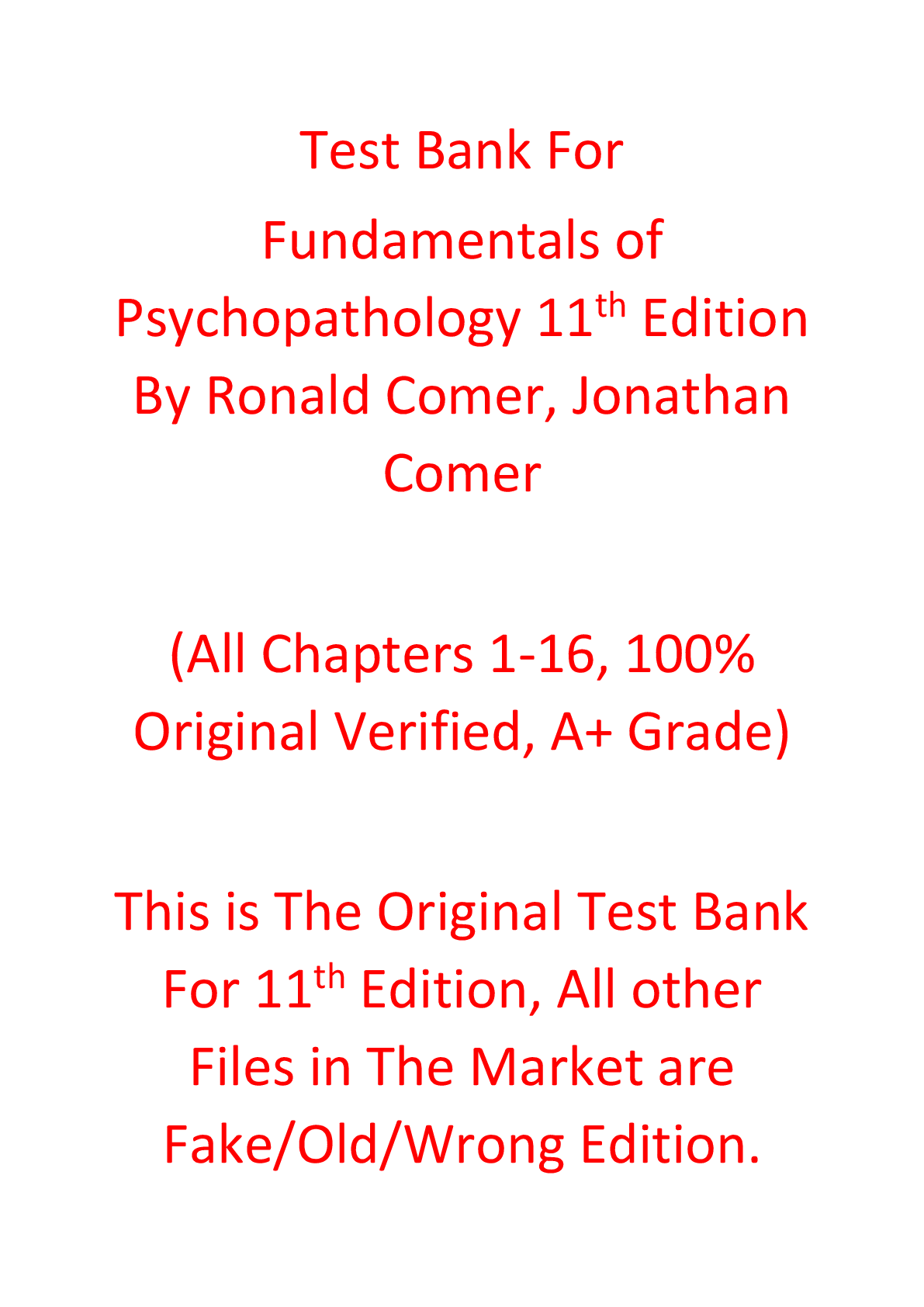 Test Bank For Fundamentals of Psychopathology 11th Edition BY Ronald Comer, Jonathan Comer