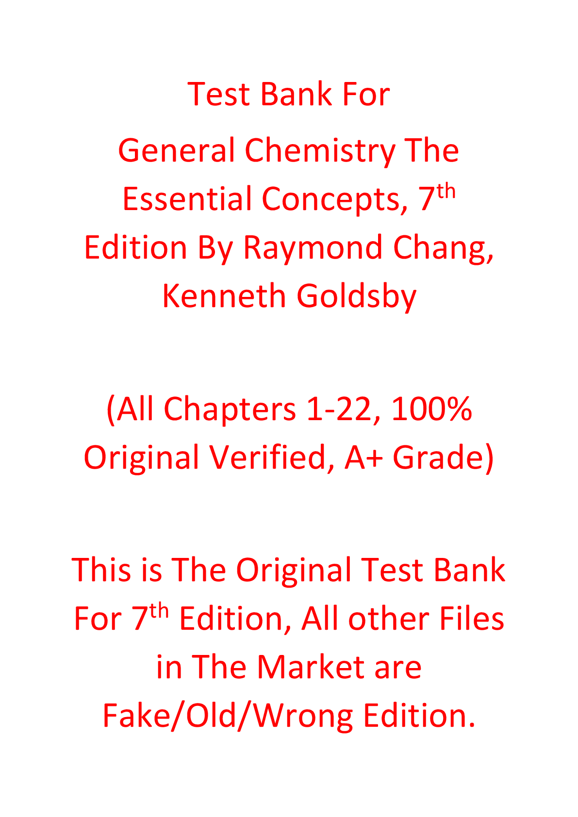 Test Bank For General Chemistry The Essential Concepts, 7th Edition By Raymond Chang, Kenneth Goldsby