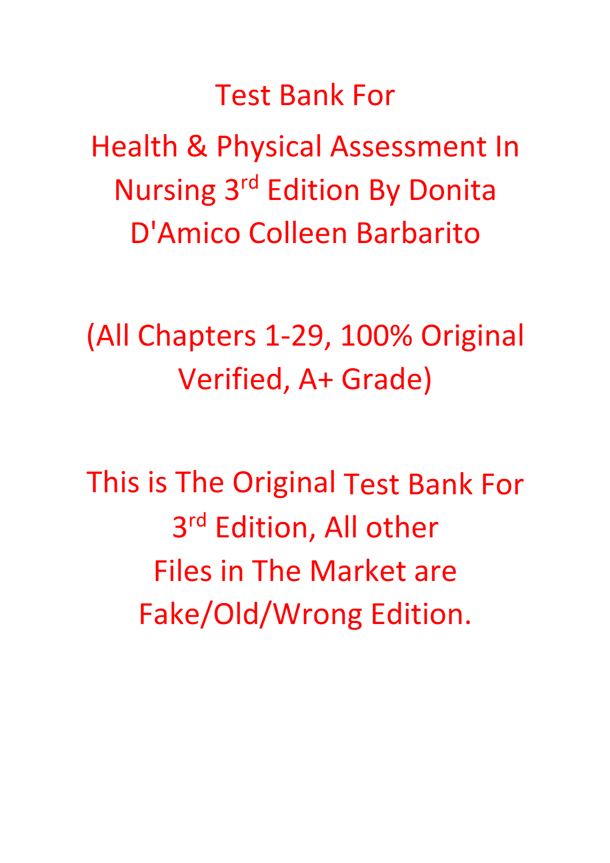 Test Bank For Health & Physical Assessment In Nursing 3rd Edition By Donita D'Amico Colleen Barbarito