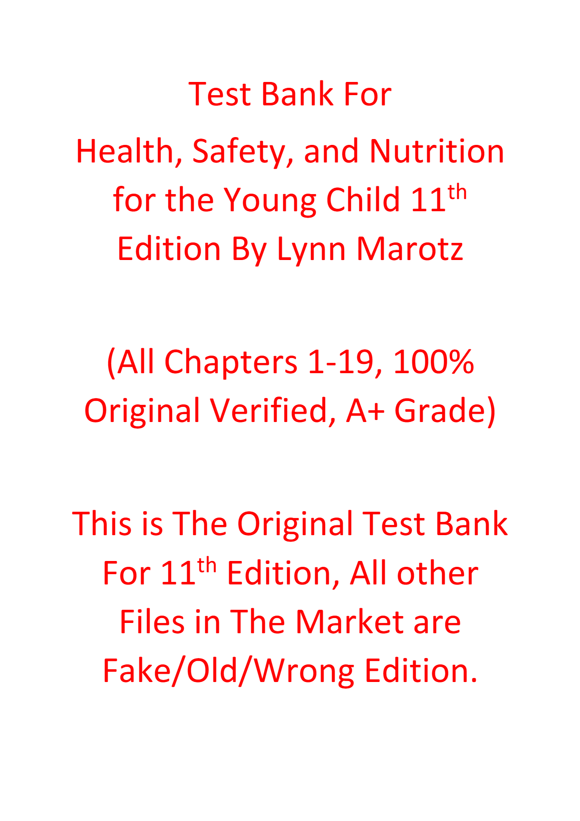 Test Bank For Health Safety and Nutrition for the Young Child 11th Edition By Lynn Marotz
