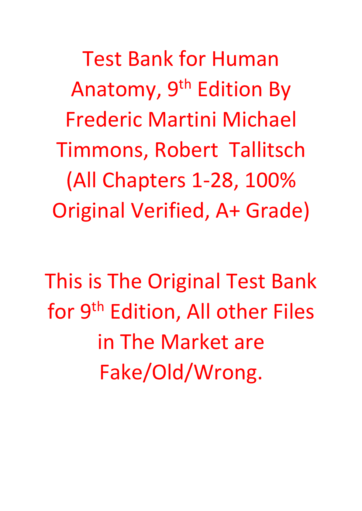 Test Bank For Human Anatomy, 9th Edition By Frederic Martini Michael Timmons, Robert Tallitsch