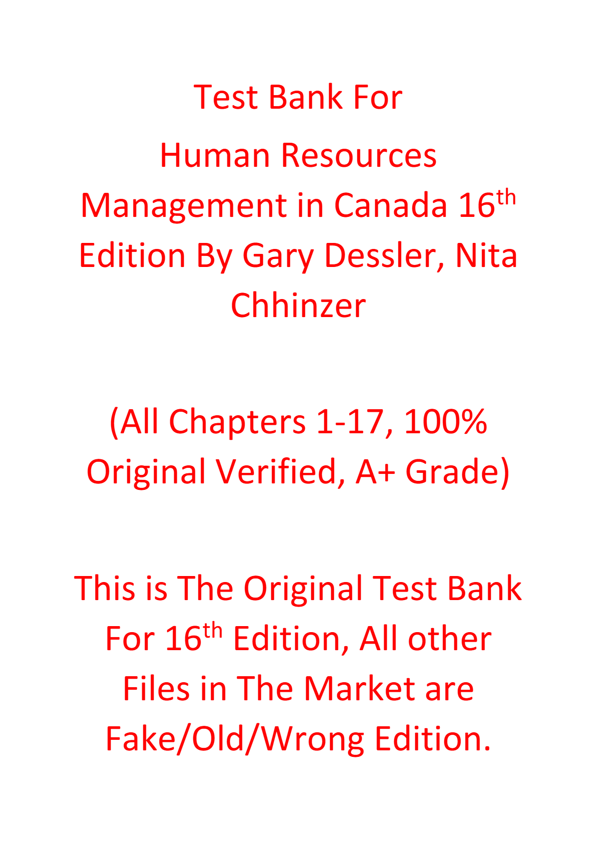 Test Bank For Human Resources Management in Canada 16th Edition By Gary Dessler, Nita Chhinzer