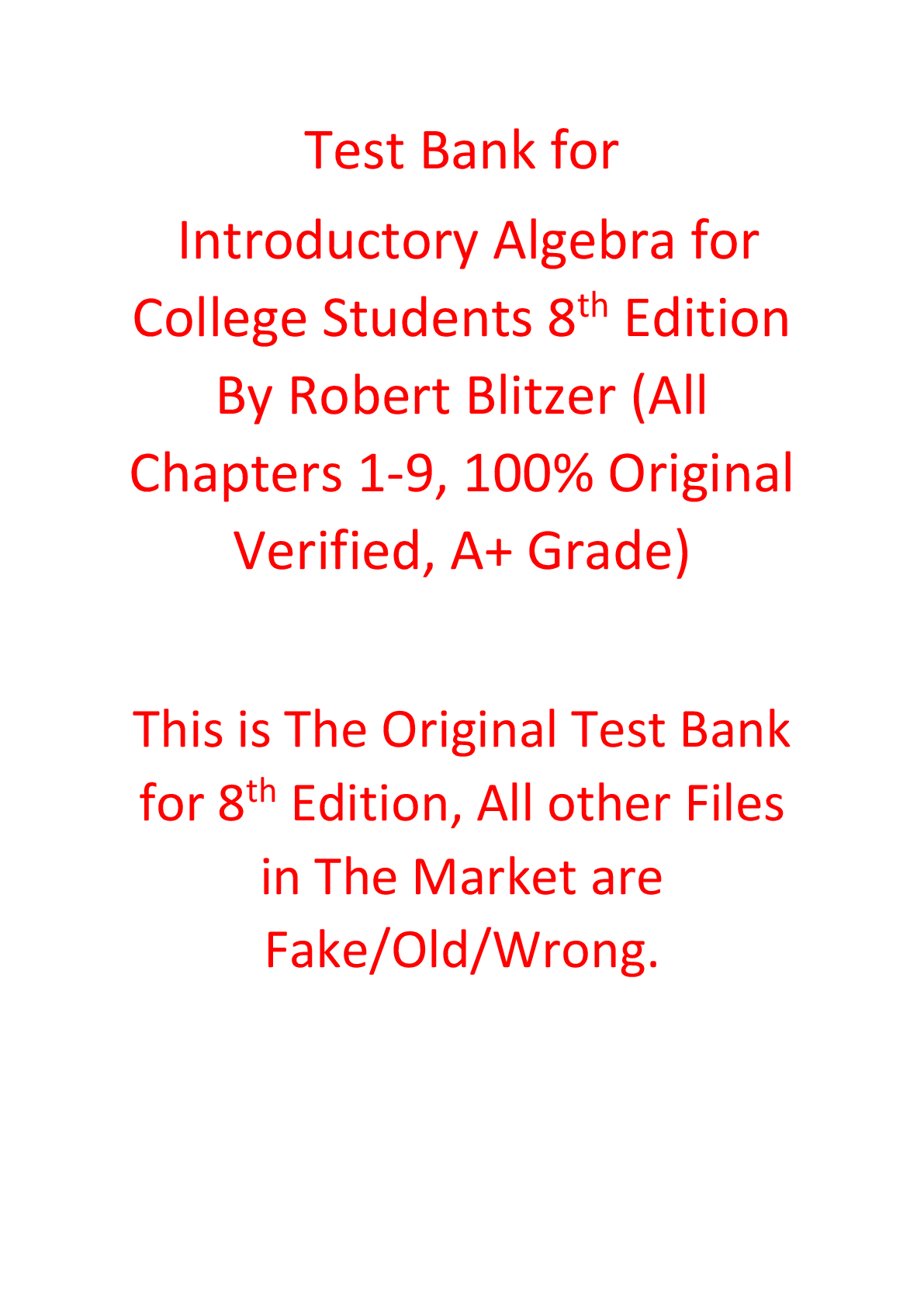 Test Bank For Introductory Algebra for College Students 8th Edition By Robert Blitzer