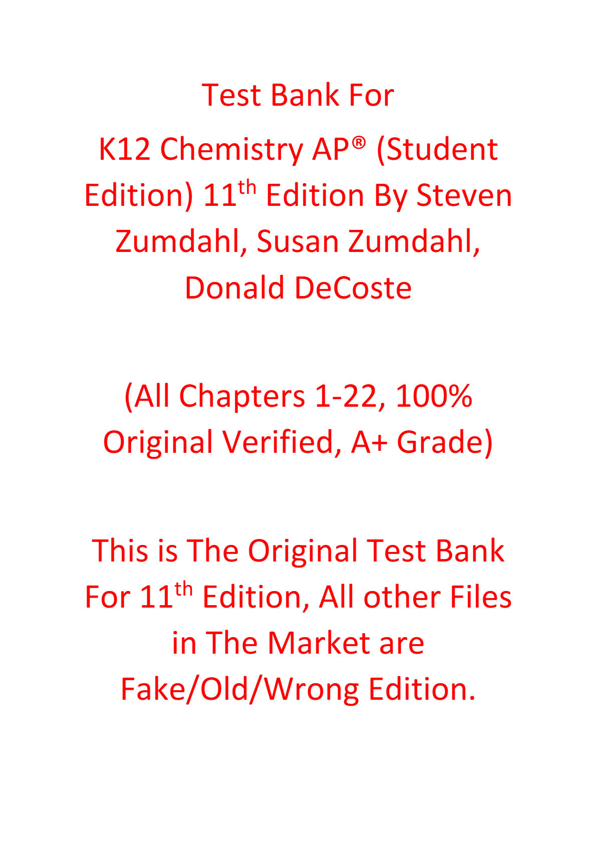 Test Bank For K12 Chemistry AP® (Student Edition) 11th Edition By Steven Zumdahl, Susan Zumdahl, Donald DeCoste
