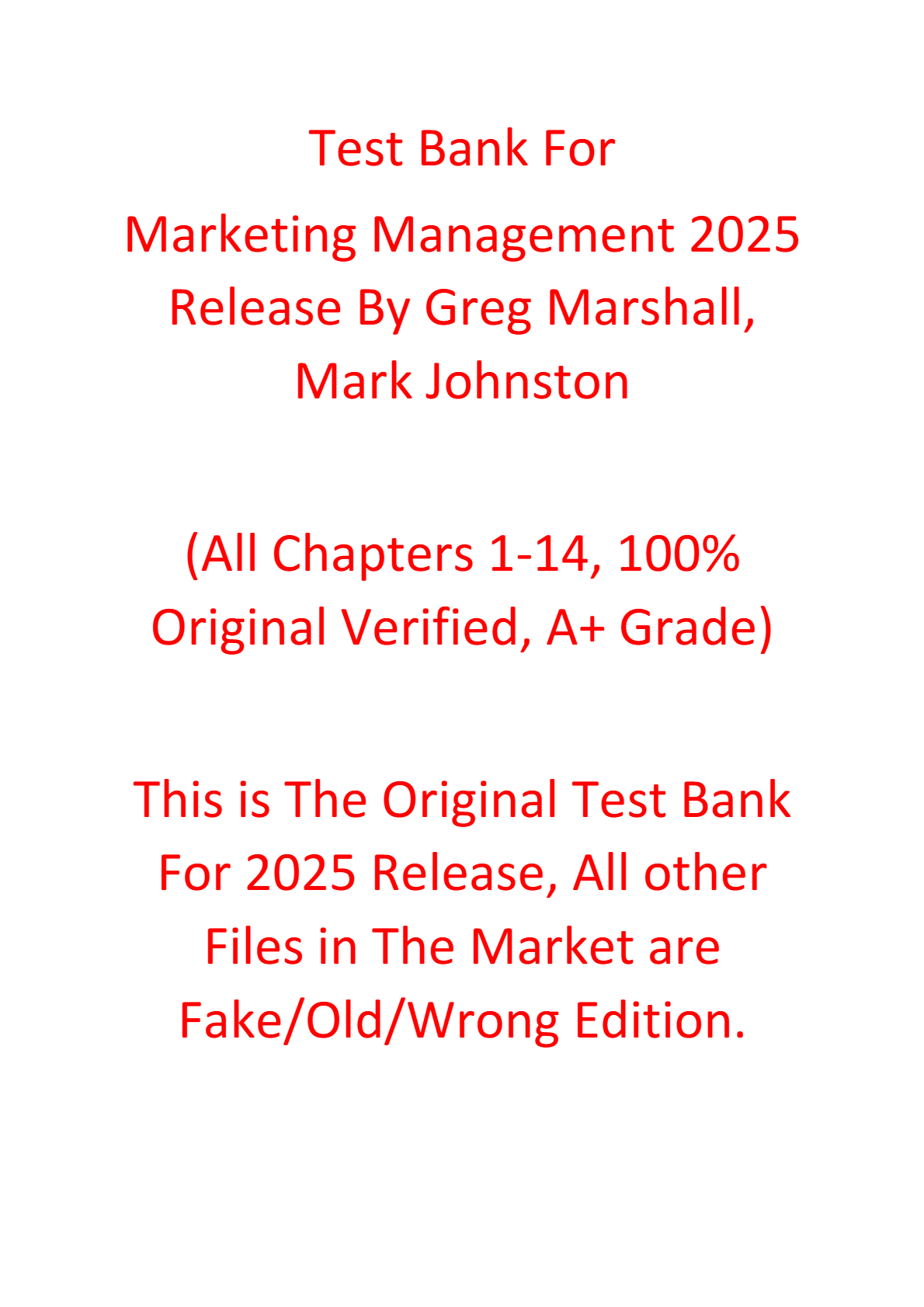 Test Bank For Marketing Management 2025 Release By Greg Marshall, Mark Johnston