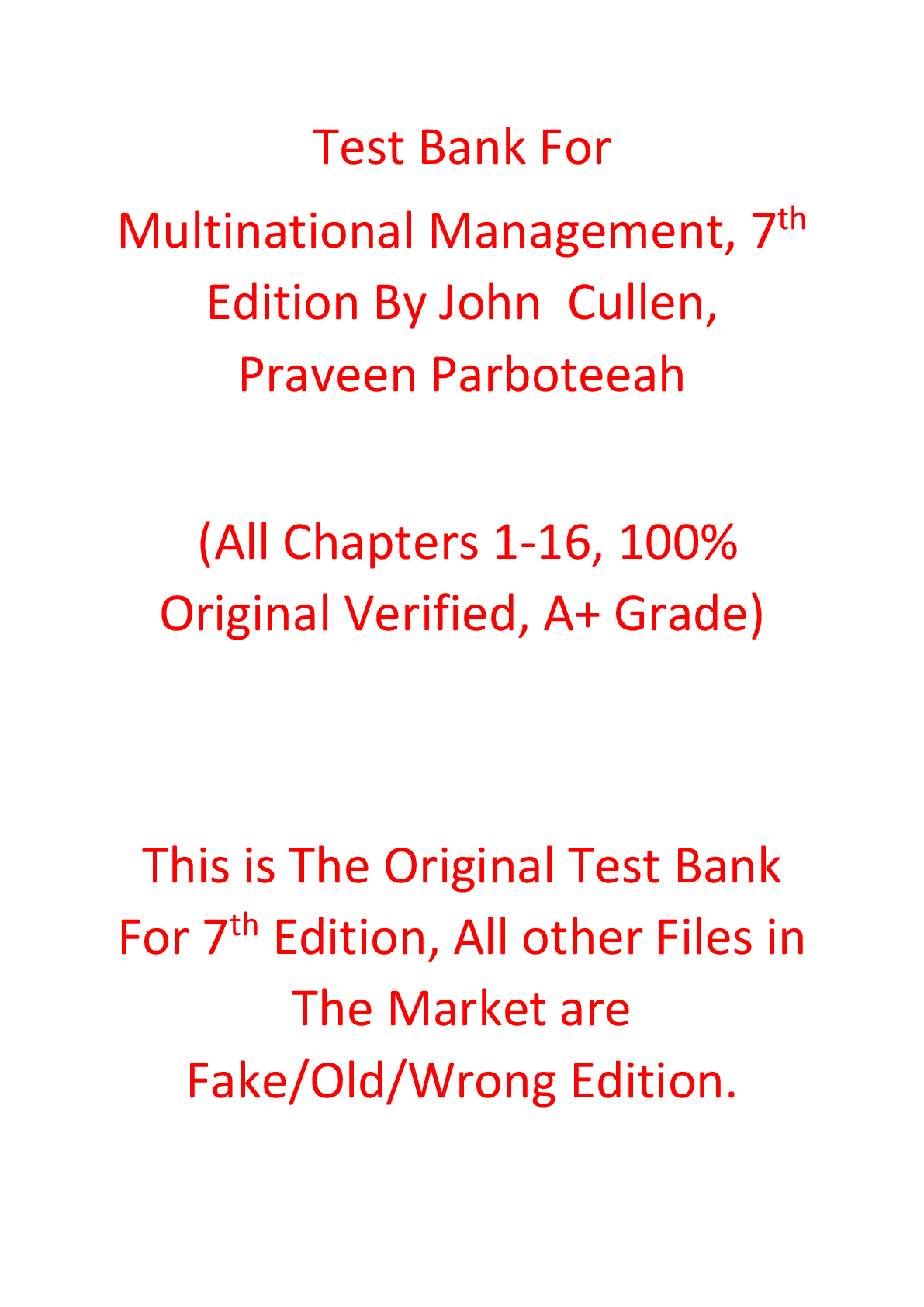 Test Bank For Multinational Management, 7th Edition By John Cullen, Praveen Parboteeah