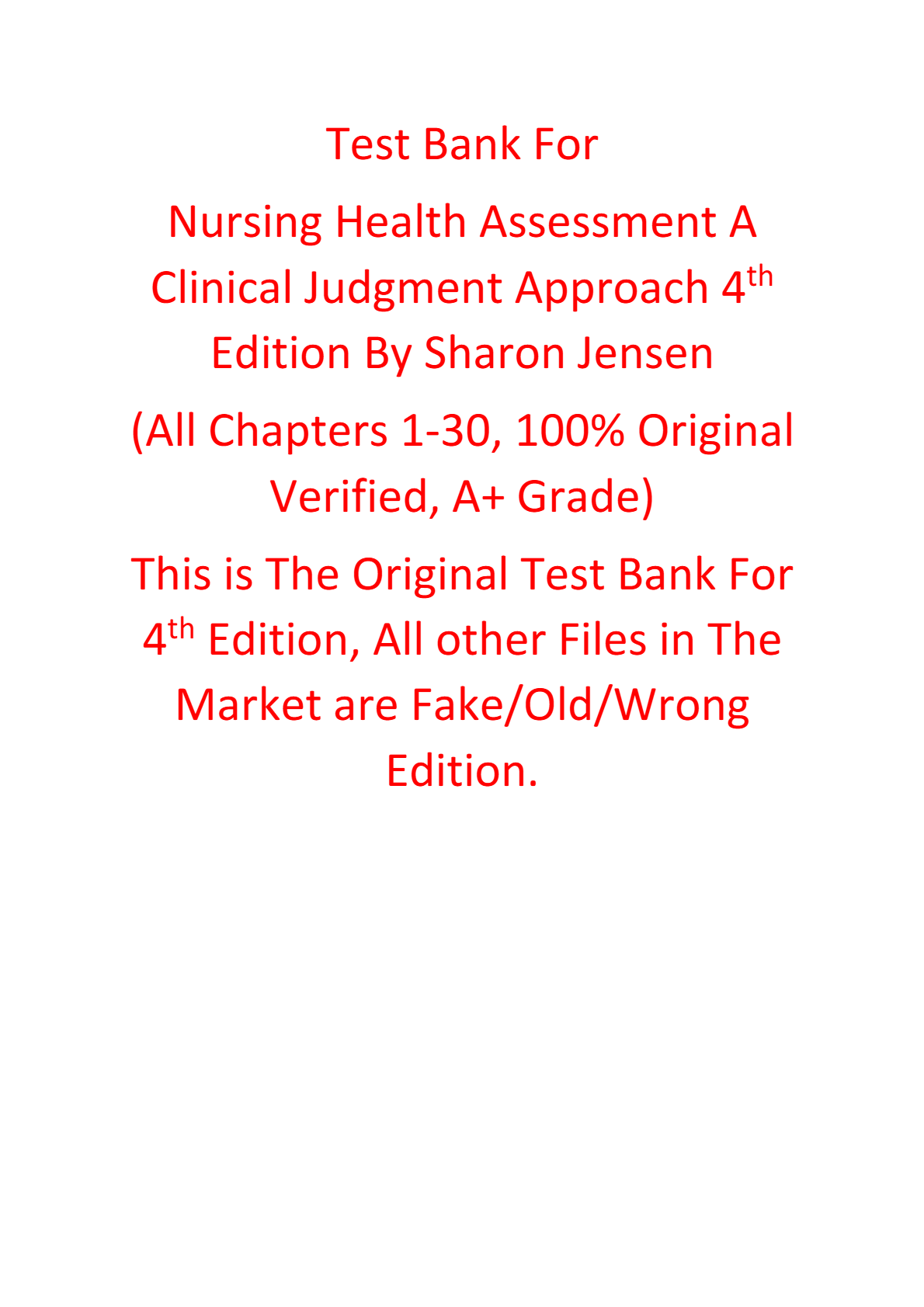 Test Bank For Nursing Health Assessment A Clinical Judgment Approach 4th Edition By Sharon Jensen