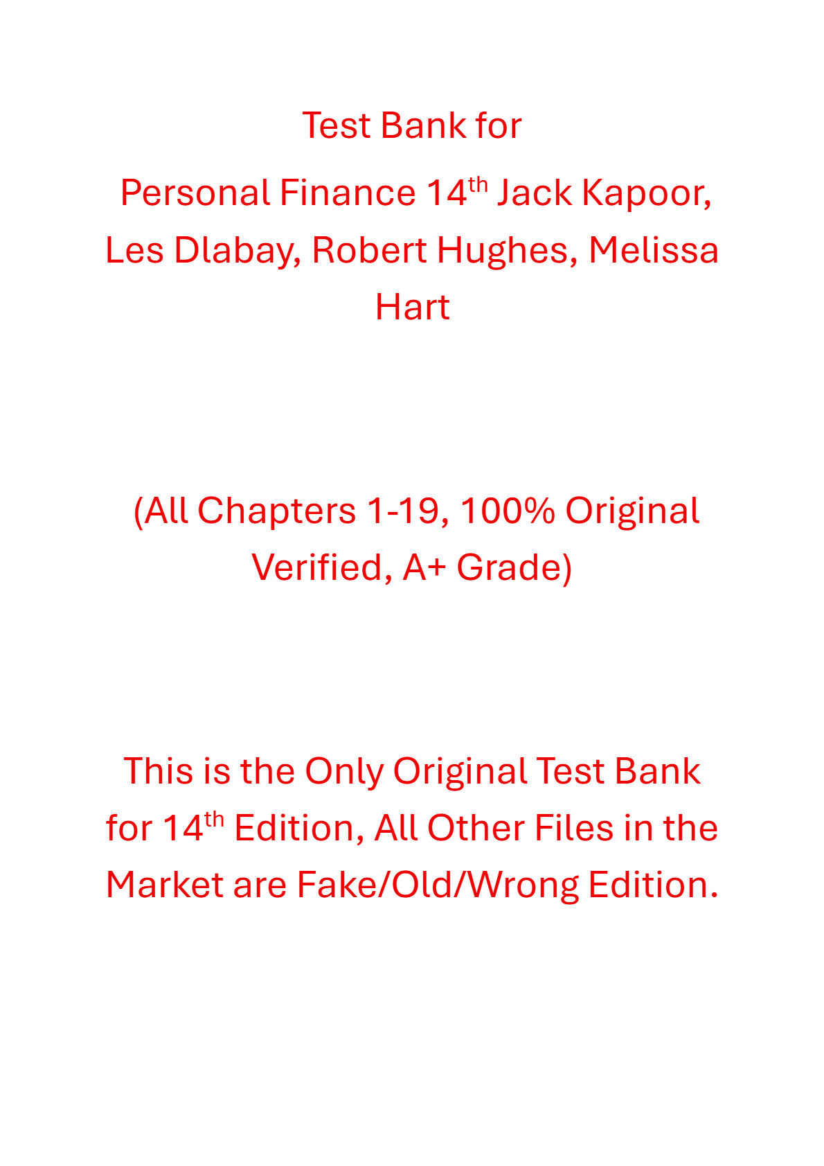 Test Bank For Personal Finance 14th Edition By Jack Kapoor, Les Dlabay, Robert Hughes, Melissa Hart