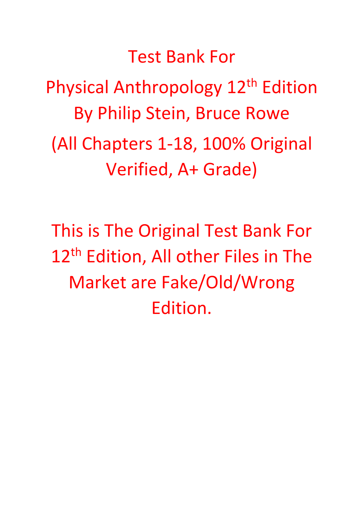 Test Bank For Physical Anthropology 12th Edition By Philip Stein, Bruce Rowe