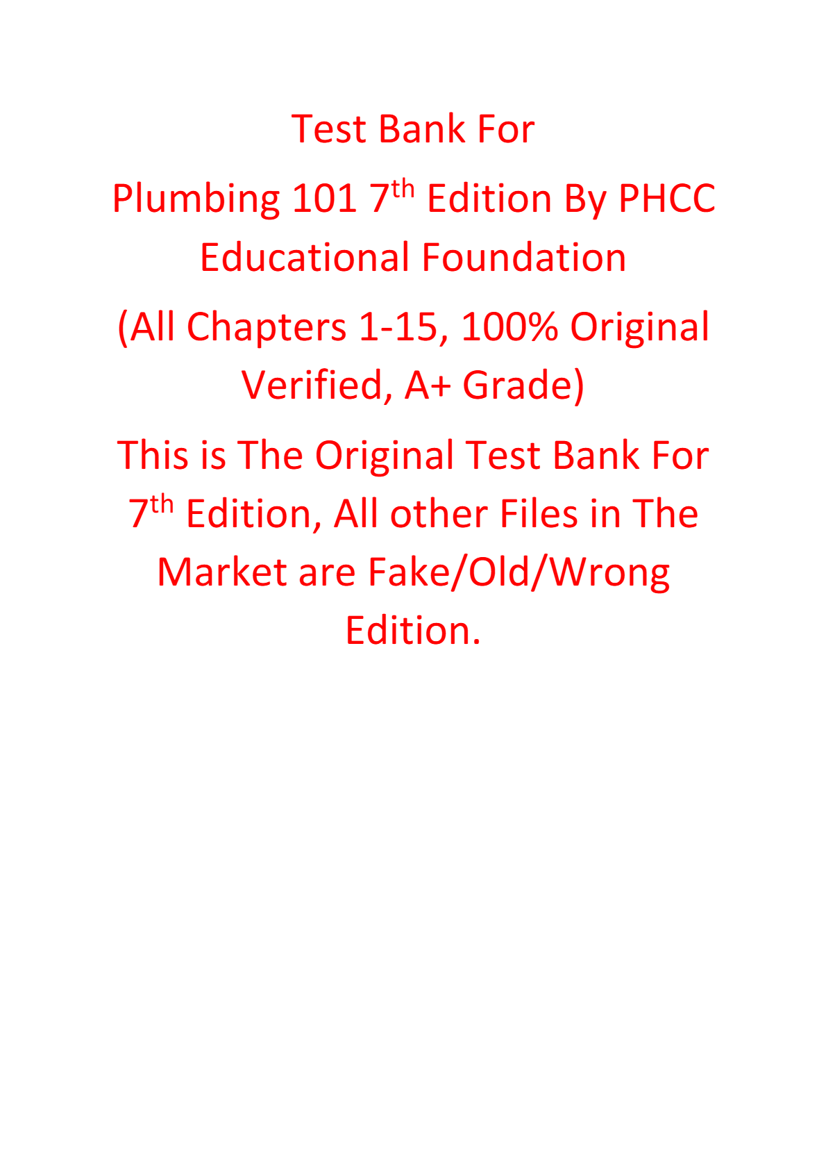 Test Bank For Plumbing 101 7th Edition By PHCC Educational Foundation