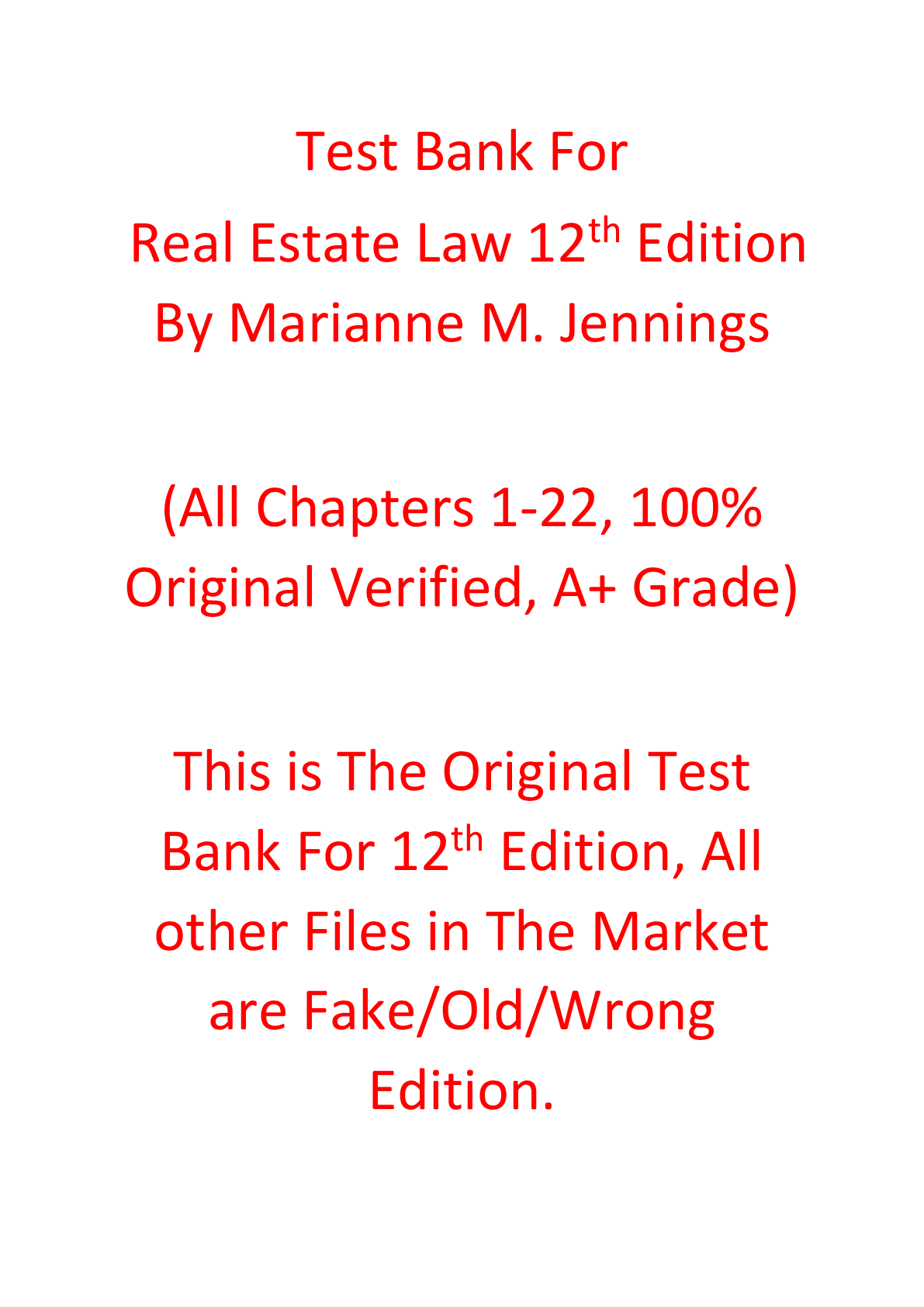 Test Bank For Real Estate Law 12th Edition By Marianne M. Jennings