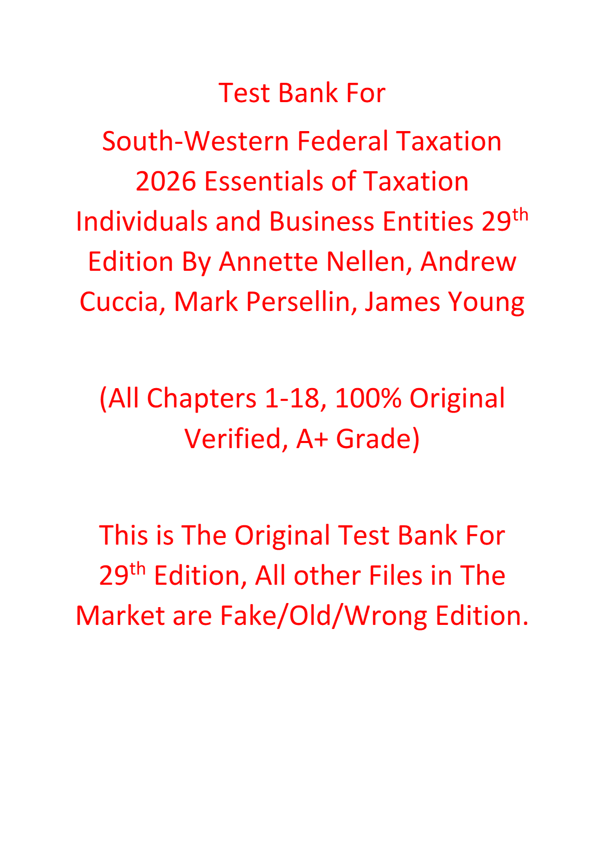 Test Bank For South-Western Federal Taxation 2026 Essentials of Taxation Individuals and Business Entities 29th Edition By Annette Nellen, Andrew Cuccia, Mark Persellin, James Young