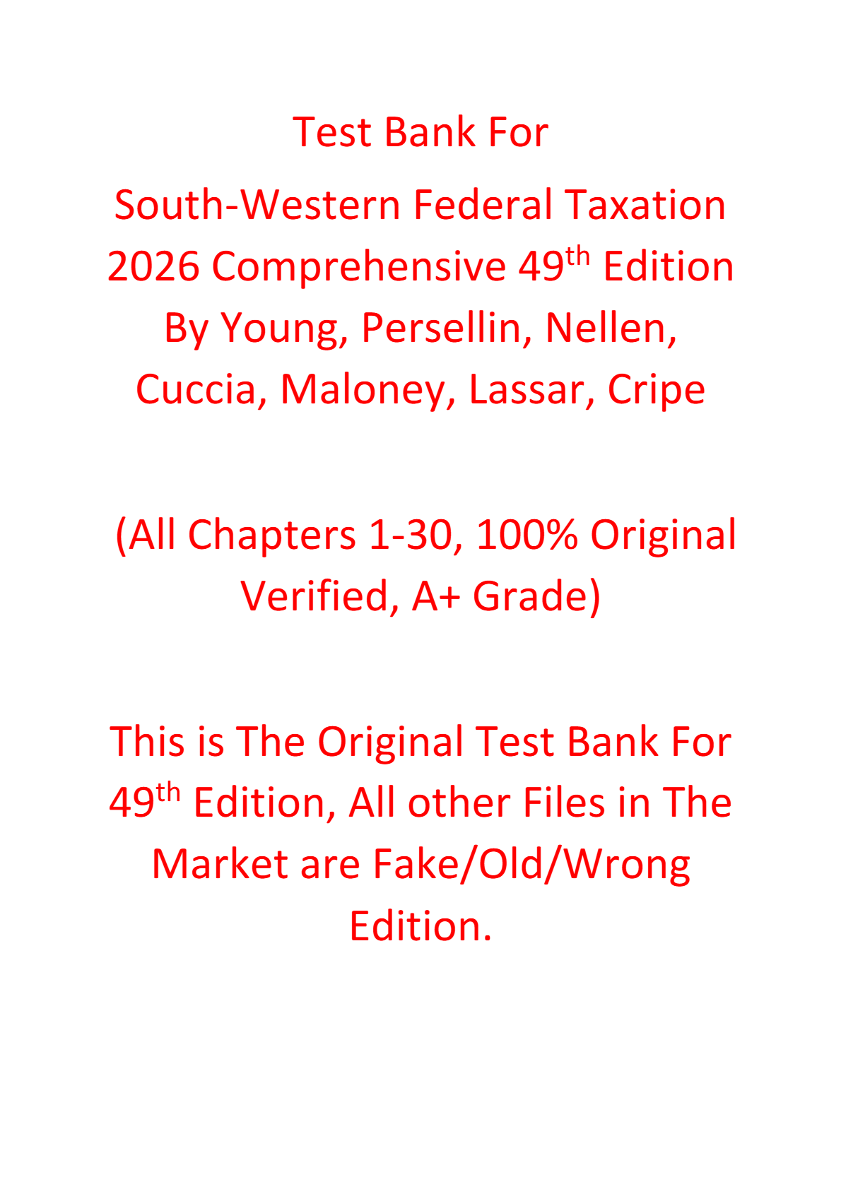 Test Bank For South-Western Federal Taxation 2026 Comprehensive 49th Edition By Young, Persellin, Nellen, Cuccia, Maloney, Lassar, Cripe