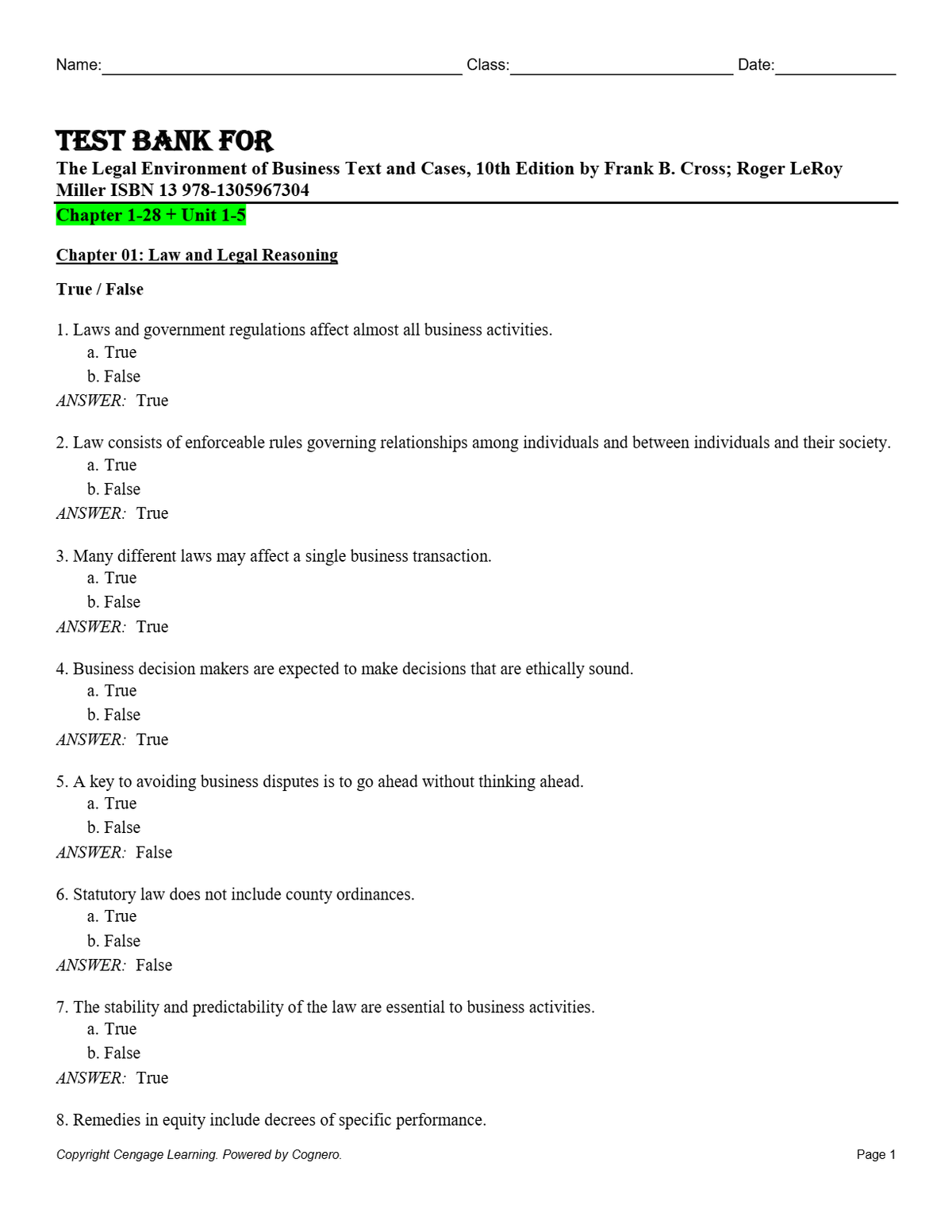 Test Bank For The Legal Environment of Business Text and Cases 10th Edition by Frank B. Cross, Roger LeRoy