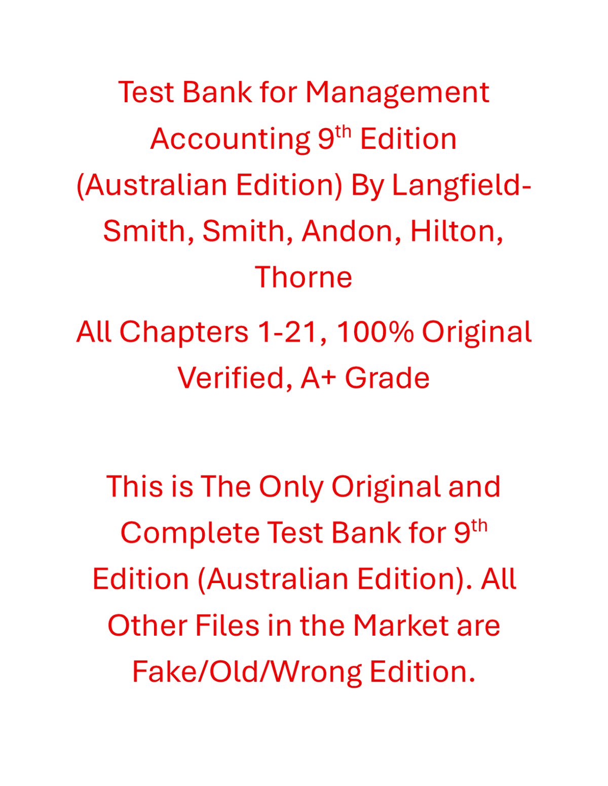 Test Bank Management Accounting 9th Edition (Australian Edition) By Langfield-Smith, Smith, Andon, Hilton, Thorne