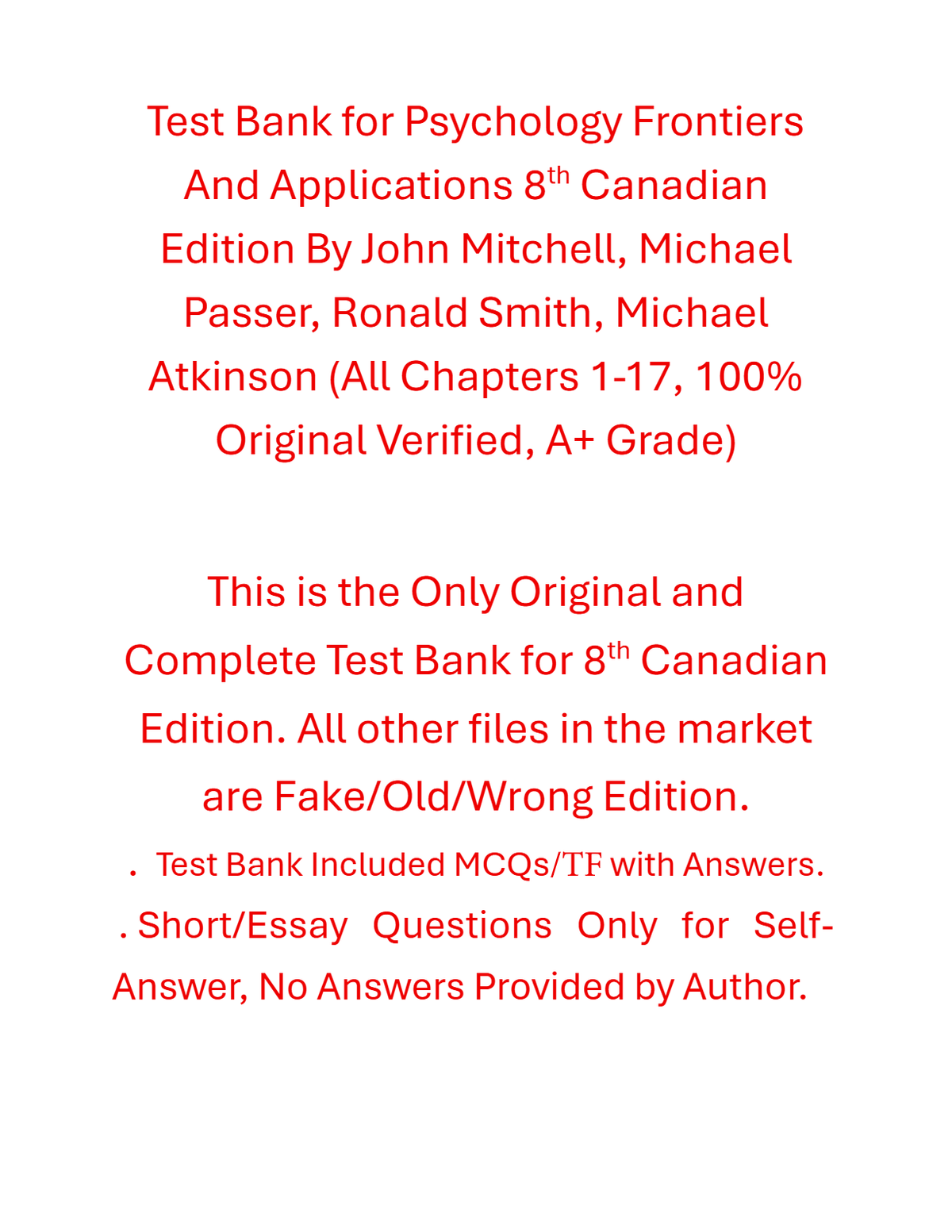 Test Bank Psychology Frontiers And Applications 8th Canadian Edition By John Mitchell, Michael Passer, Ronald Smith, Michael Atkinson
