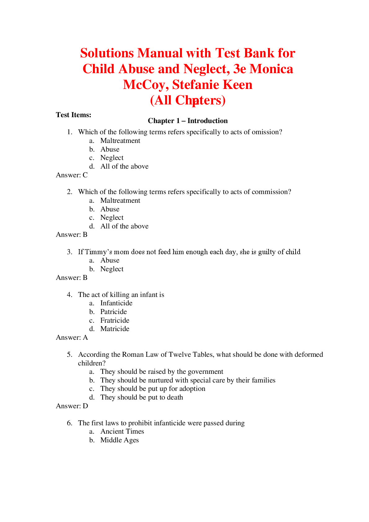 Test Bank with Solutions Manual For Child Abuse and Neglect 3rd Edition By Monica McCoy, Stefanie Keen