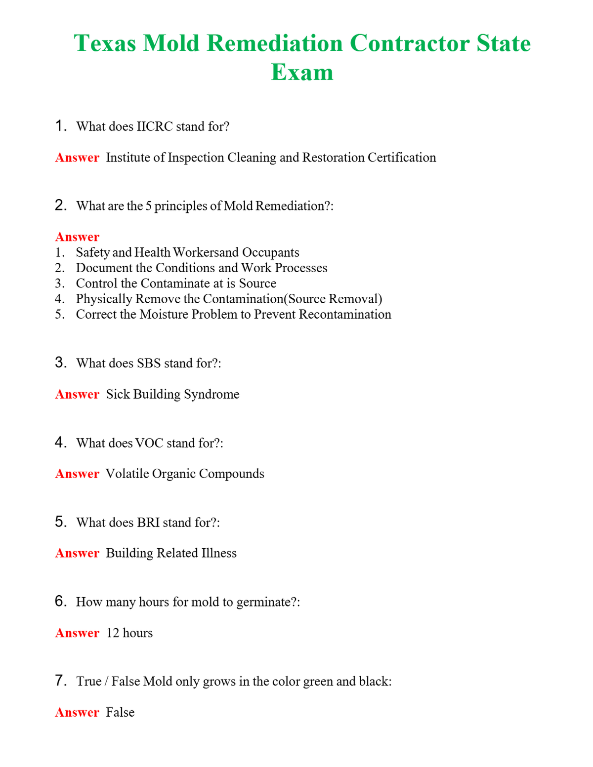 Texas Mold Remediation Contractor State Exam | Actual Questions and Verified Answers ( Included ) 100% Correct