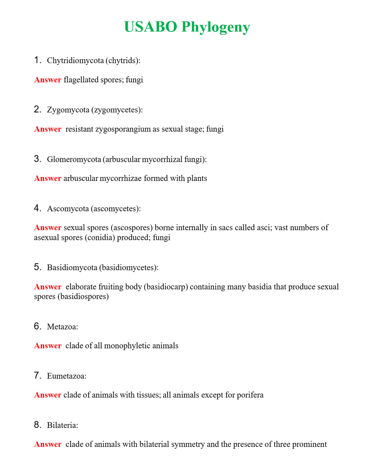 USABO Phylogeny Questions With Complete Grade A+ Answers