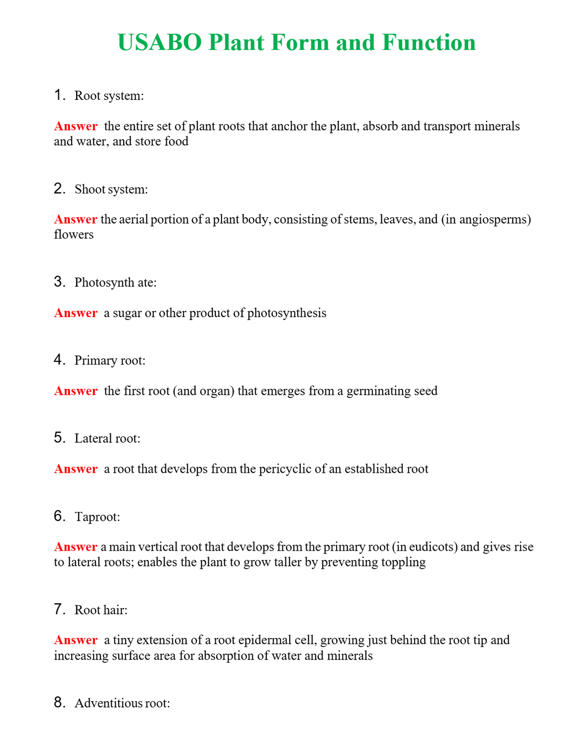 USABO Plant Form and Function Questions With Complete Grade A+ Answers