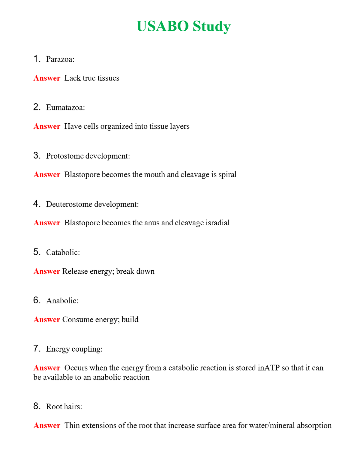 USABO Study Questions With Complete Grade A+ Answers