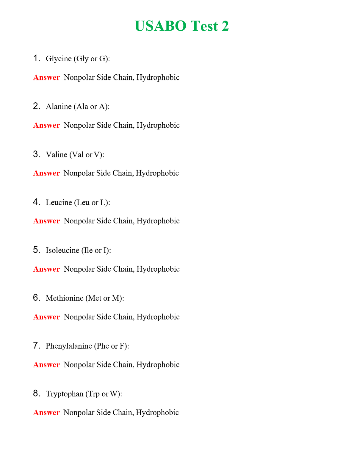 USABO Test 2 Questions With Complete Grade A+ Answers