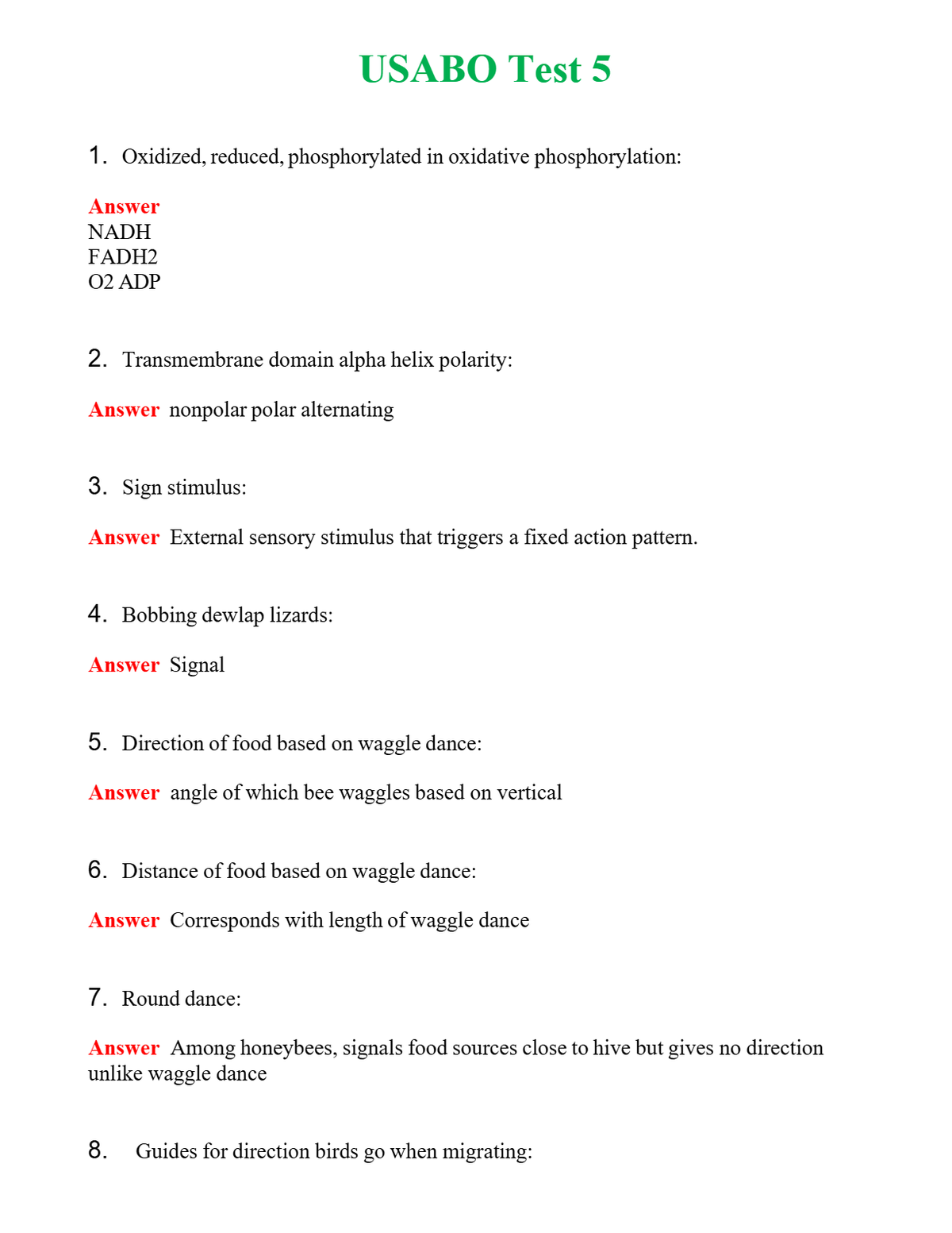 USABO Test 5 Questions With Complete Grade A+ Answers