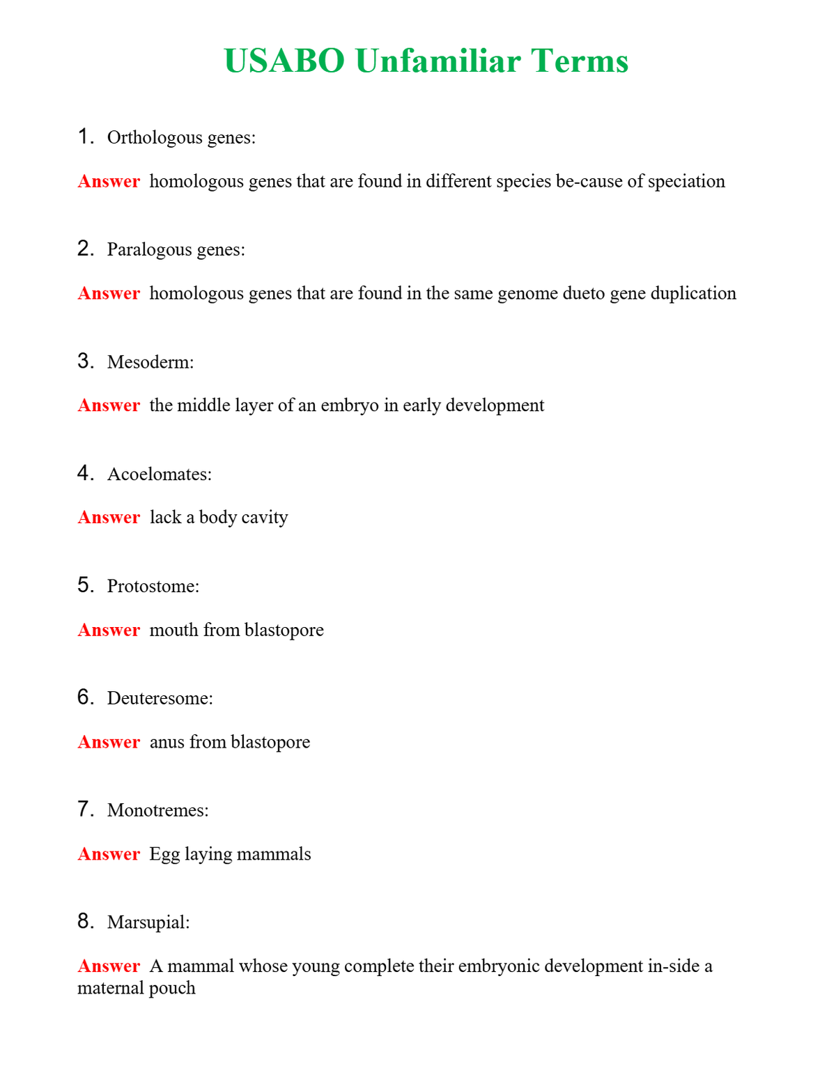 USABO Unfamiliar Terms Questions With Complete Grade A+ Answers