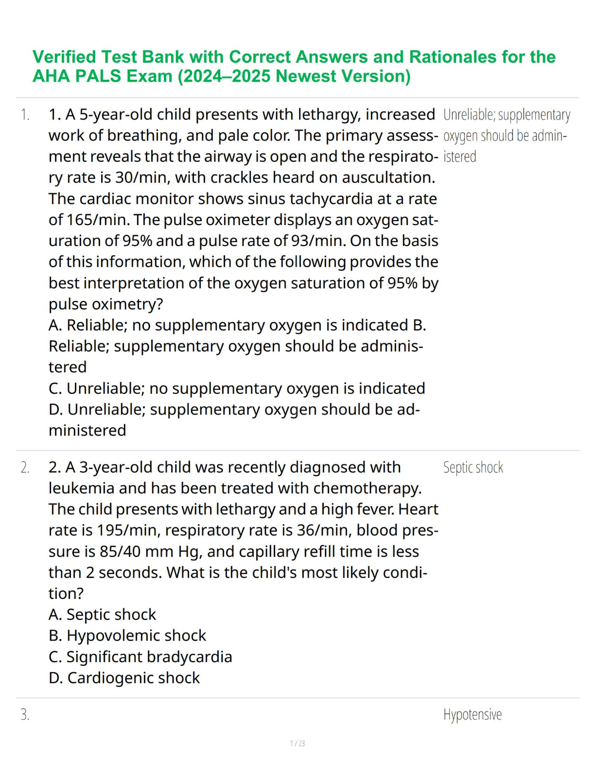Verified Test Bank with Correct Answers and Rationales for the AHA PALS Exam (2024–2025 Newest Version)