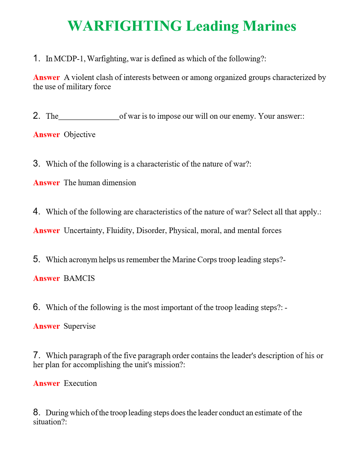 WARFIGHTING Leading Marines | Actual Questions and Verified Answers ( Included ) 100% Correct