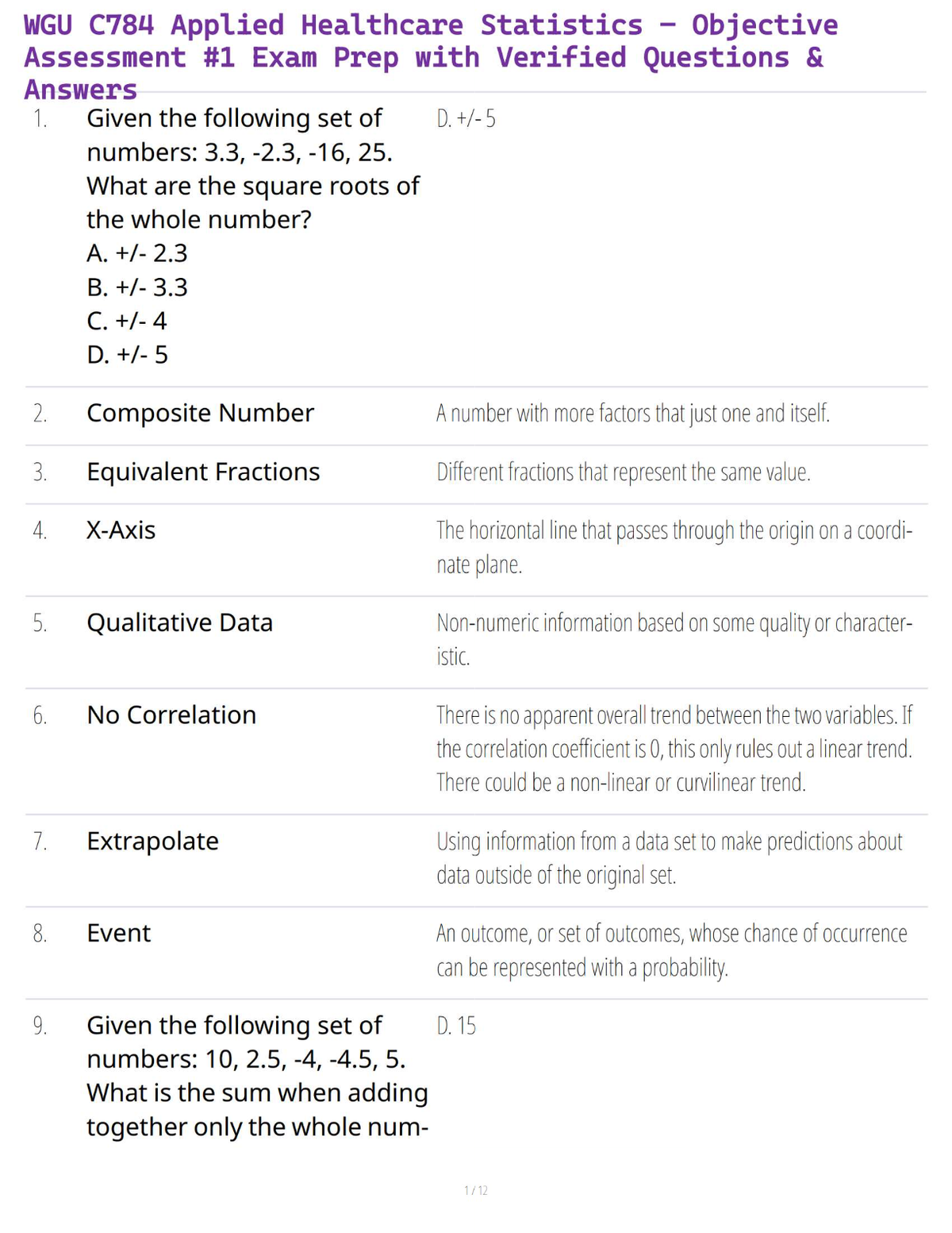 WGU C784 Applied Healthcare Statistics – Objective Assessment #1 Exam Prep with Verified Questions & Answers