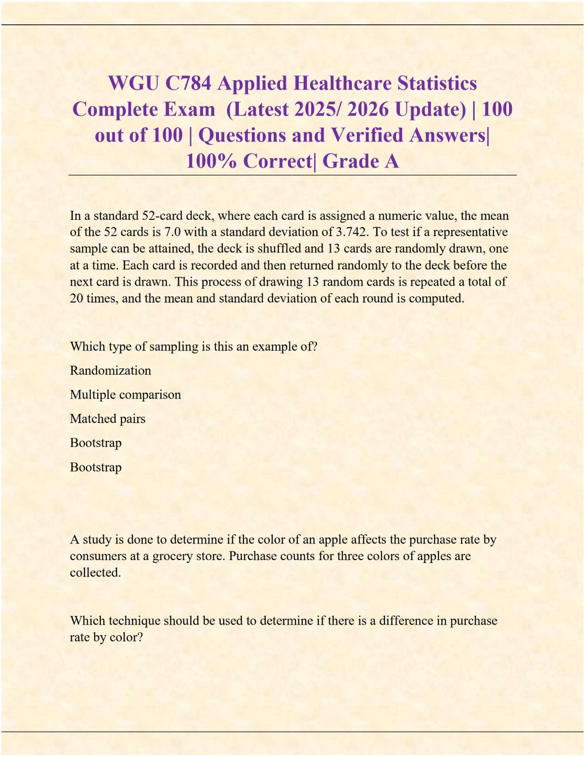 WGU C784 Applied Healthcare Statistics Complete Exam (Latest 2025/2026 Update) | Verified Questions & Answers | 100% Correct | Grade A