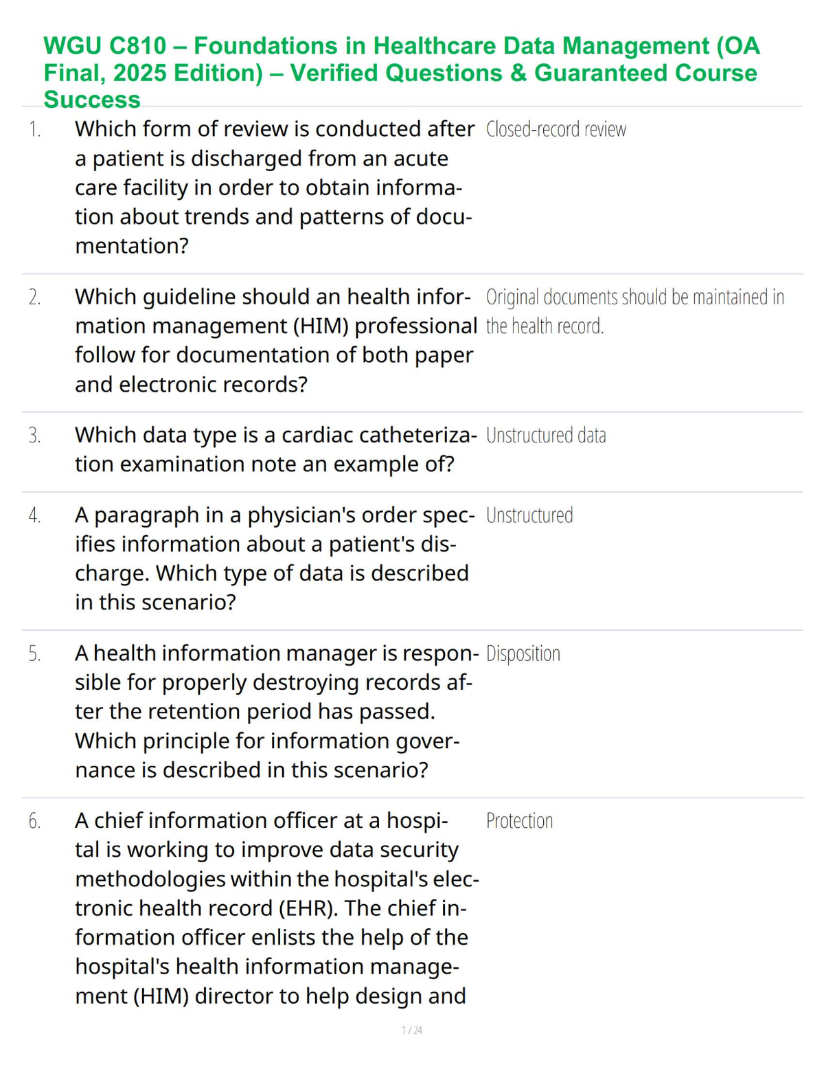 WGU C810 – Foundations in Healthcare Data Management (OA Final, 2025 Edition) – Verified Questions & Guaranteed Course Success