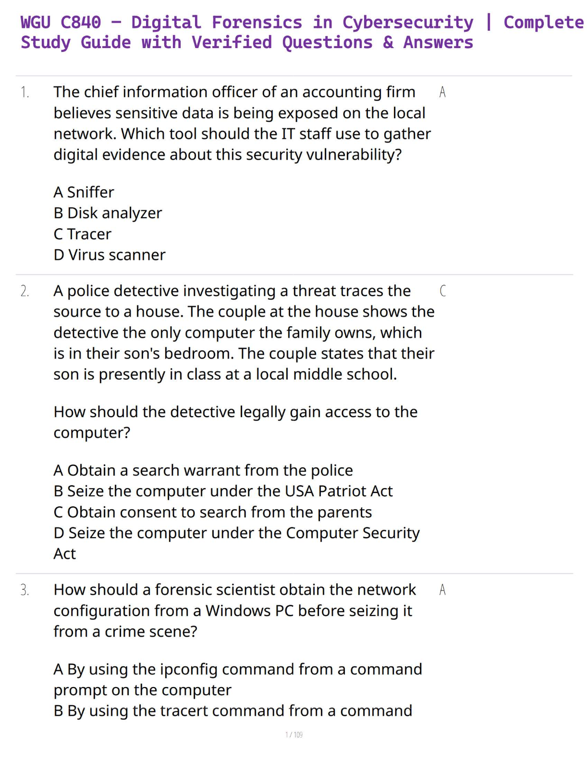 WGU C840 – Digital Forensics in Cybersecurity | Complete Study Guide with Verified Questions & Answers