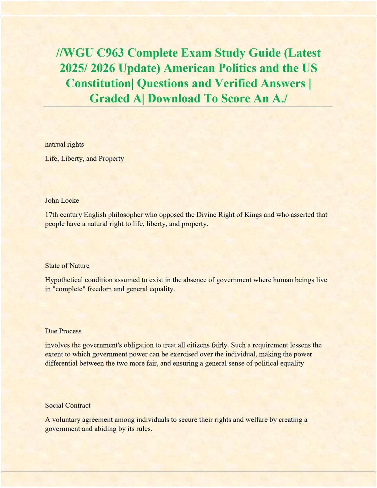 WGU C963 Complete Exam Study Guide – American Politics & U.S. Constitution (2025/2026 Verified Questions & Answers, Graded A)