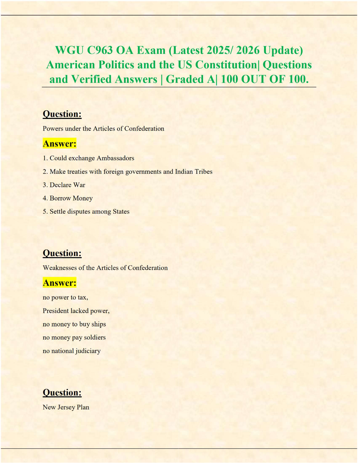 WGU C963 OA Exam – American Politics & U.S. Constitution (2025/2026 Verified Questions & Answers, 100/100 Grade A)